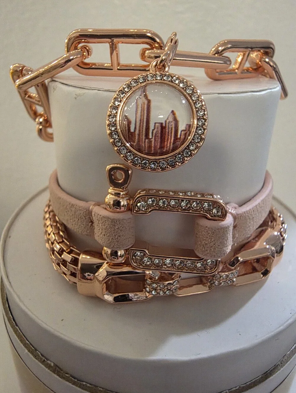 bp Rose Gold Crystal Cityscape Charm Bracelet Set